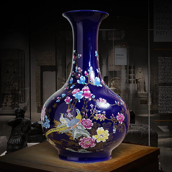 景德镇陶瓷经典锦绣前程手工宝石蓝釉赏瓶老师傅手作装饰送礼上选