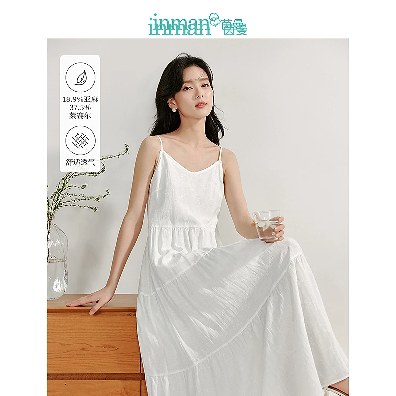 茵曼亚麻艺术提花吊带裙2025夏季女装新款纤瘦V领遮肉蛋糕连衣裙