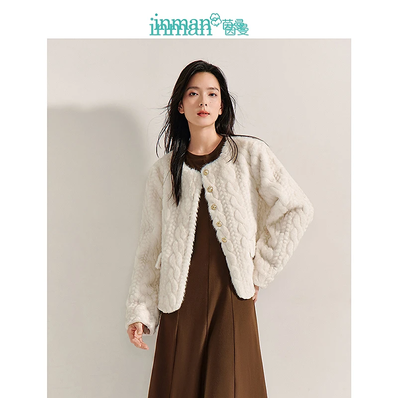 茵曼千金风皮毛一体外套2025秋季女装新款柔软顺滑羊羔绒圆领上衣