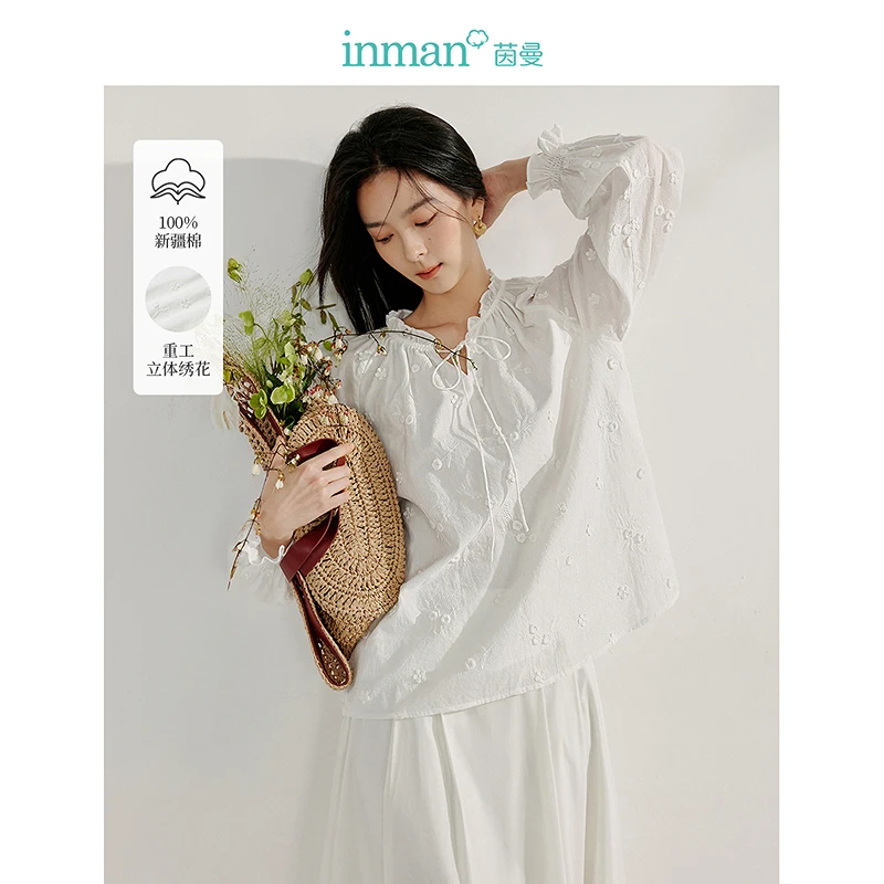 【流光风】茵曼秋季重工绣花系带衬衫荷叶边宽松长袖气质衬衣女