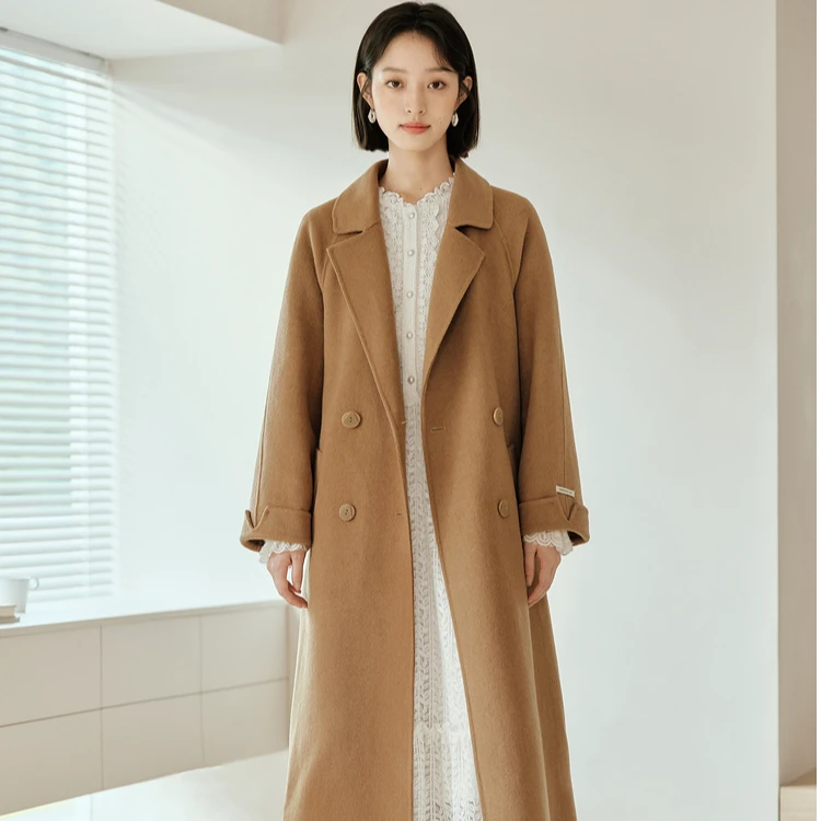 茵曼绵羊毛双面呢大衣2024冬女装新款翻领双排扣长袖系带收腰外套