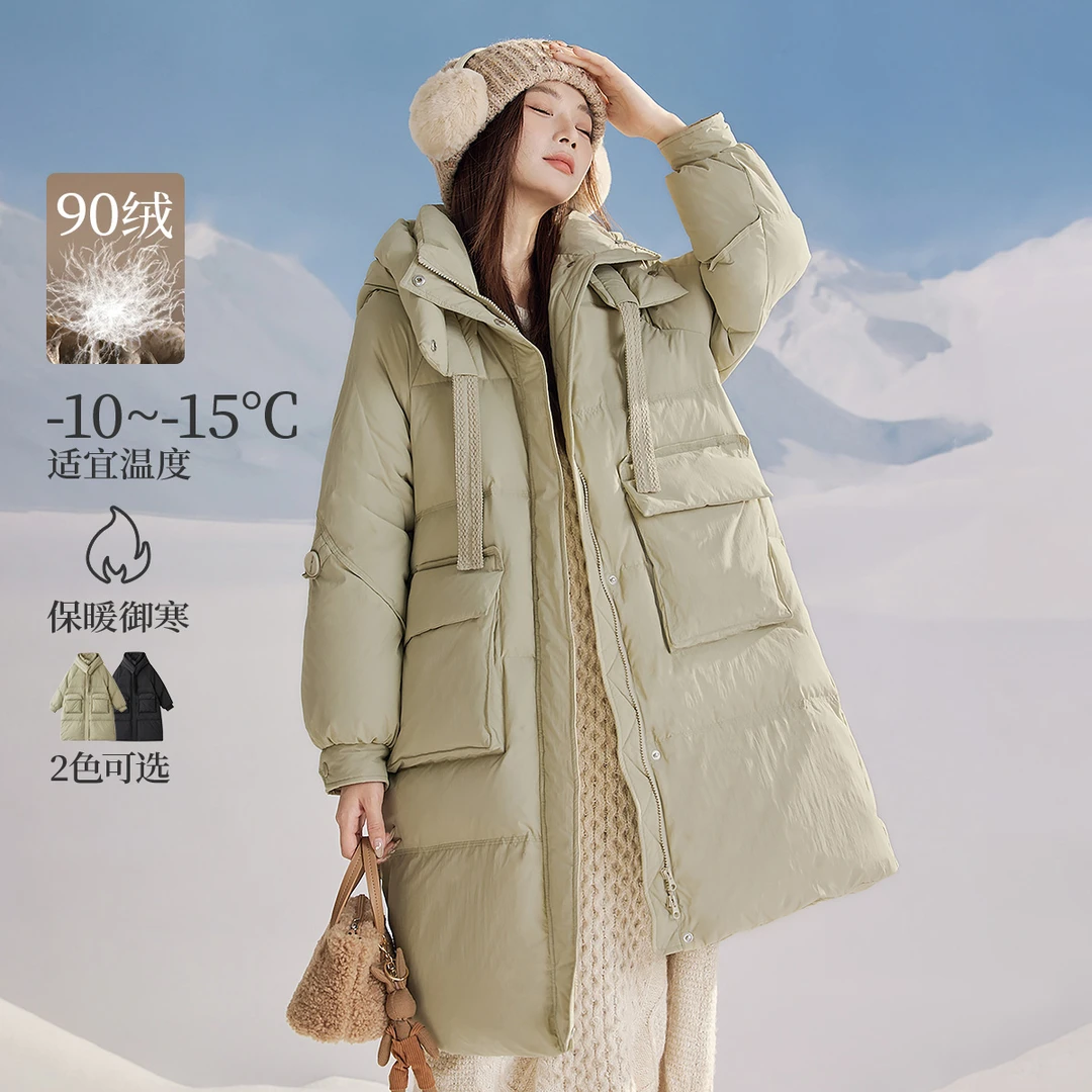 【茵曼好羽绒】冬季90鸭绒加厚羽绒服时尚翻领慵懒时尚保暖长款外套