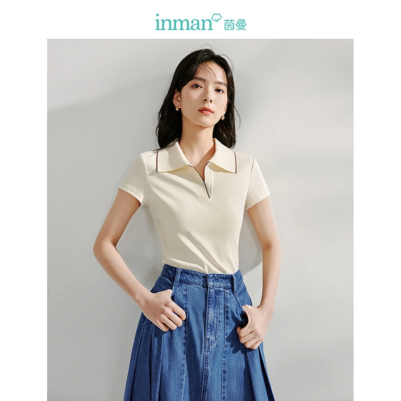 茵曼撞色polo领T恤2024夏新款百搭修身显瘦短款上衣女法式流光风
