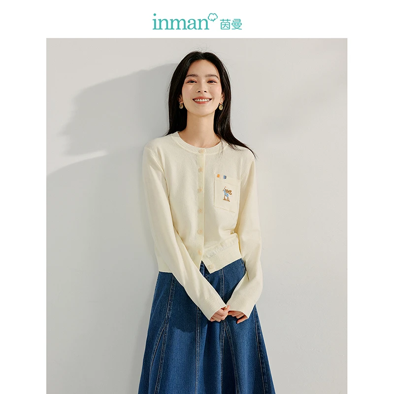 茵曼法式圆领毛衣开衫2025春季女装新款宽松百搭刺绣短款针织外套