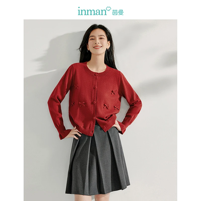 【流光风】茵曼秋季红色蝴蝶结针织毛衣开衫法式甜美毛织外套女