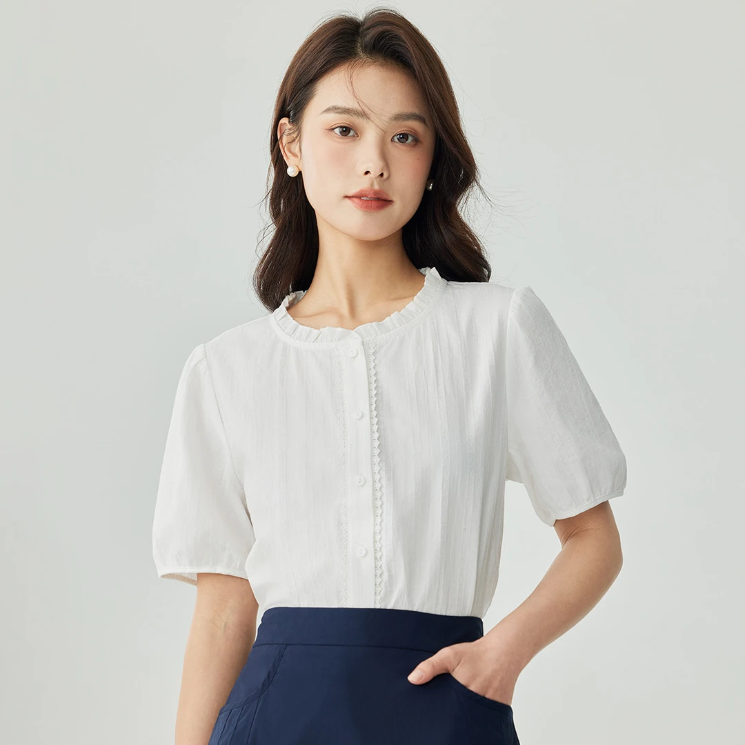 茵曼夏季女衬衫衬衣上衣气质小衫纯棉短袖泡泡袖休闲针织圆领甜美