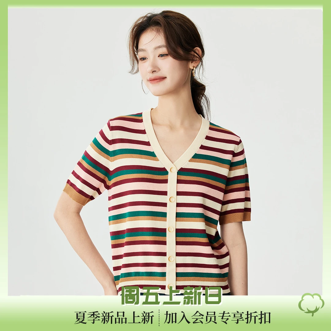 茵曼冰丝清凉薄款针织衫女2024夏季新款撞色条纹时尚舒适短袖上衣