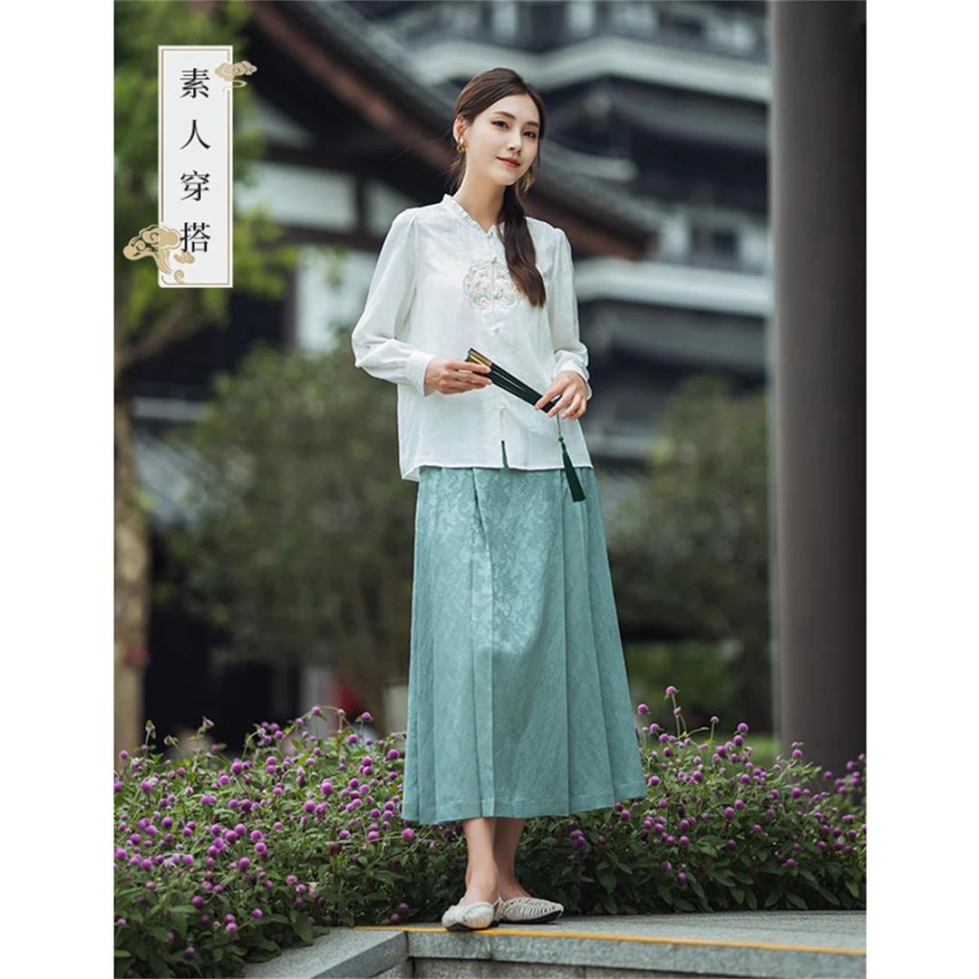 【雅韵东方】茵曼2025年春季新款绣花长袖白衬衣女国风提花立领衬衫