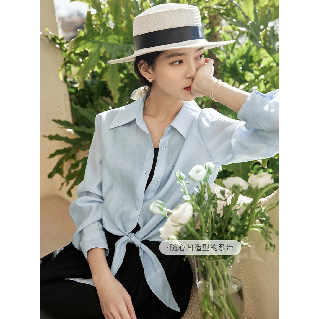 【薄荷曼波】茵曼夏装新款时尚清凉宽松小个子短款长袖防晒衬衫女
