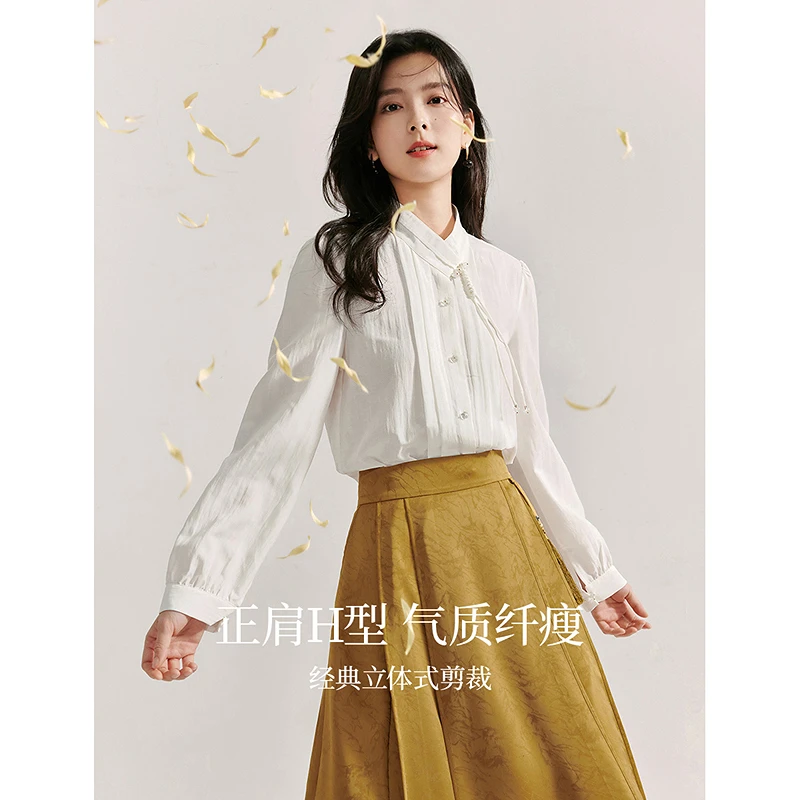 【雅韵东方】茵曼秋季新中式气质盘扣衬衫国风时尚压褶长袖衬衣上衣