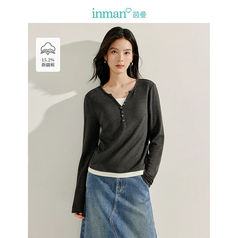 【商场同款】茵曼2025春季假两件撞色领T恤时尚百搭长袖修身上衣女