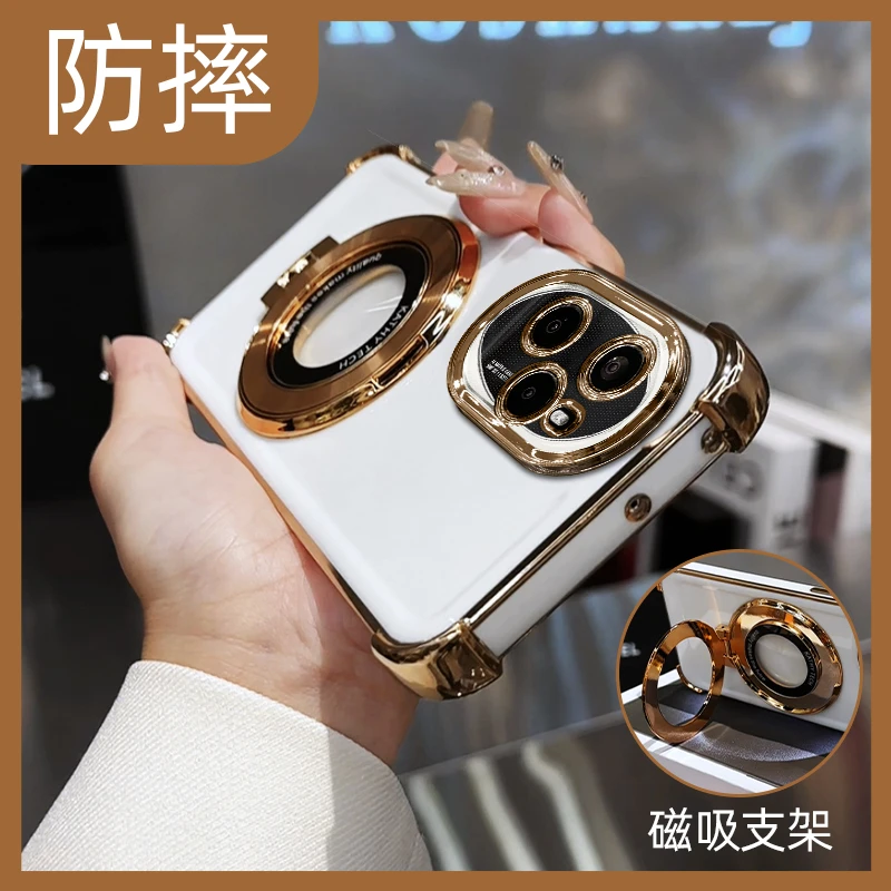适用于荣耀100pro电镀防摔壳CD纹支架简约大气折叠磁吸网红
