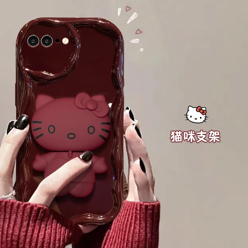 奶油边KT猫iPhone8P/7P防摔卡通可爱手机壳小众苹果镜子支架壳