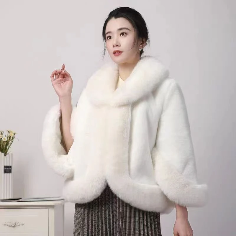 带袖子貂皮冬新娘狐狸毛披肩婚纱披风礼服旗袍皮草斗篷外套白色女