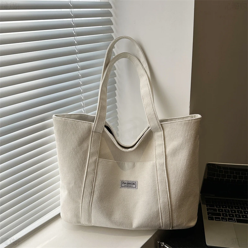时尚条绒大容量托特包2024新款大学生上课单肩包手拎通勤包手提包