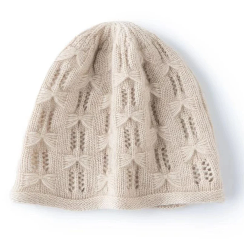 【秋冬新款】100纯山羊绒轻奢baby绒卷边蝴蝶结绞花保暖针织包头帽