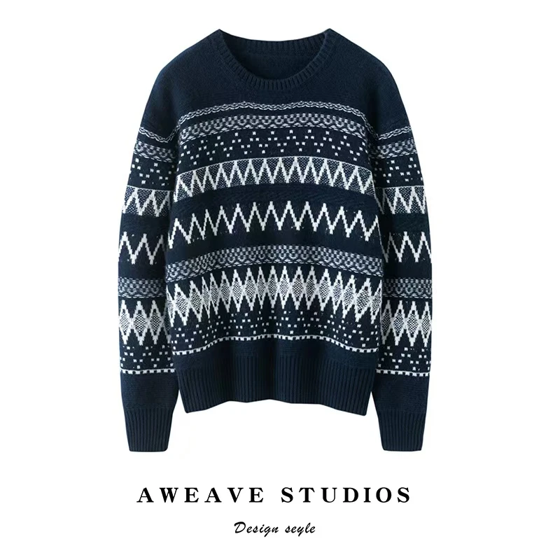 【时尚英伦】100纯山羊绒女圆领复古减龄加厚提花针织毛衣