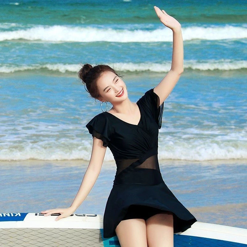蕾丝连体泳衣【带胸垫】夏季女士泳裙式遮肚大码时尚显瘦连体裙修身