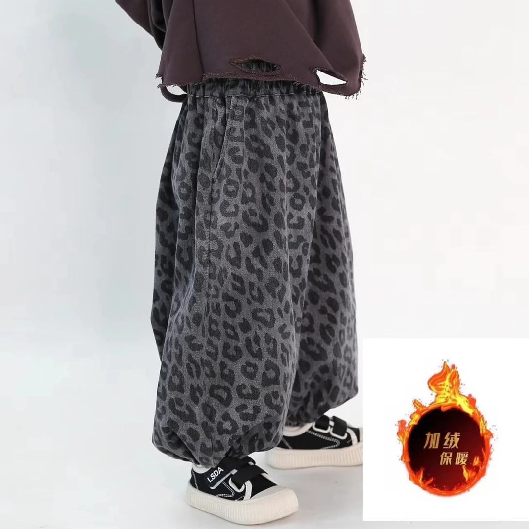 儿童宝宝灯笼裤子2024年冬季新款复合一体绒加厚男童女童豹纹宽松