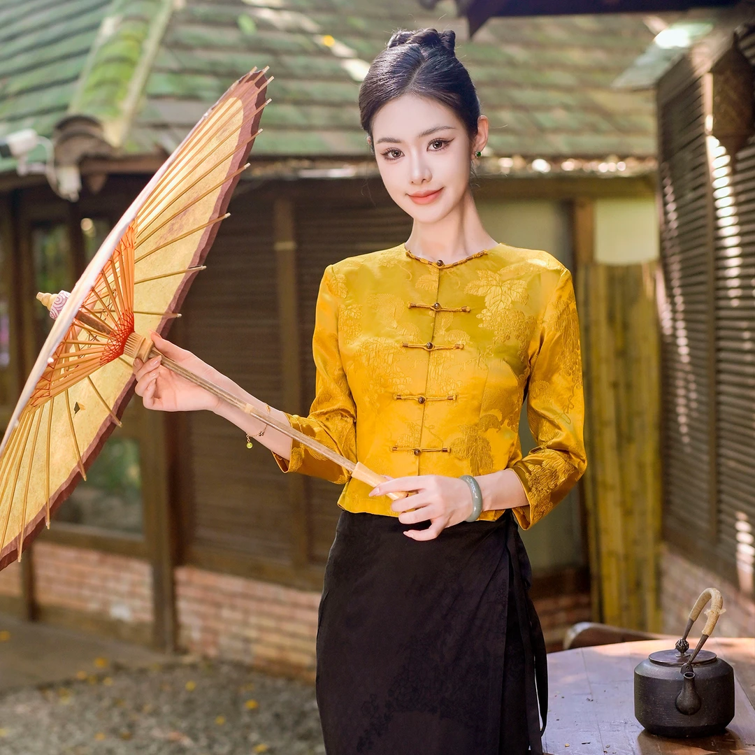玉家人自制 | 曼凰.桑蚕丝冠乐绉气质国风改良傣族服装黄色新年款