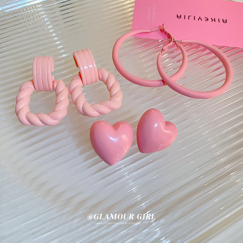 粉色系亚克力麻花爱心圆圈耳环甜美可爱少女心耳钉百搭耳饰女礼物