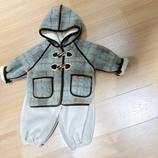 儿童冬季保暖加厚牛角扣格子羊羔毛外套暖暖裤套装连帽小童加绒