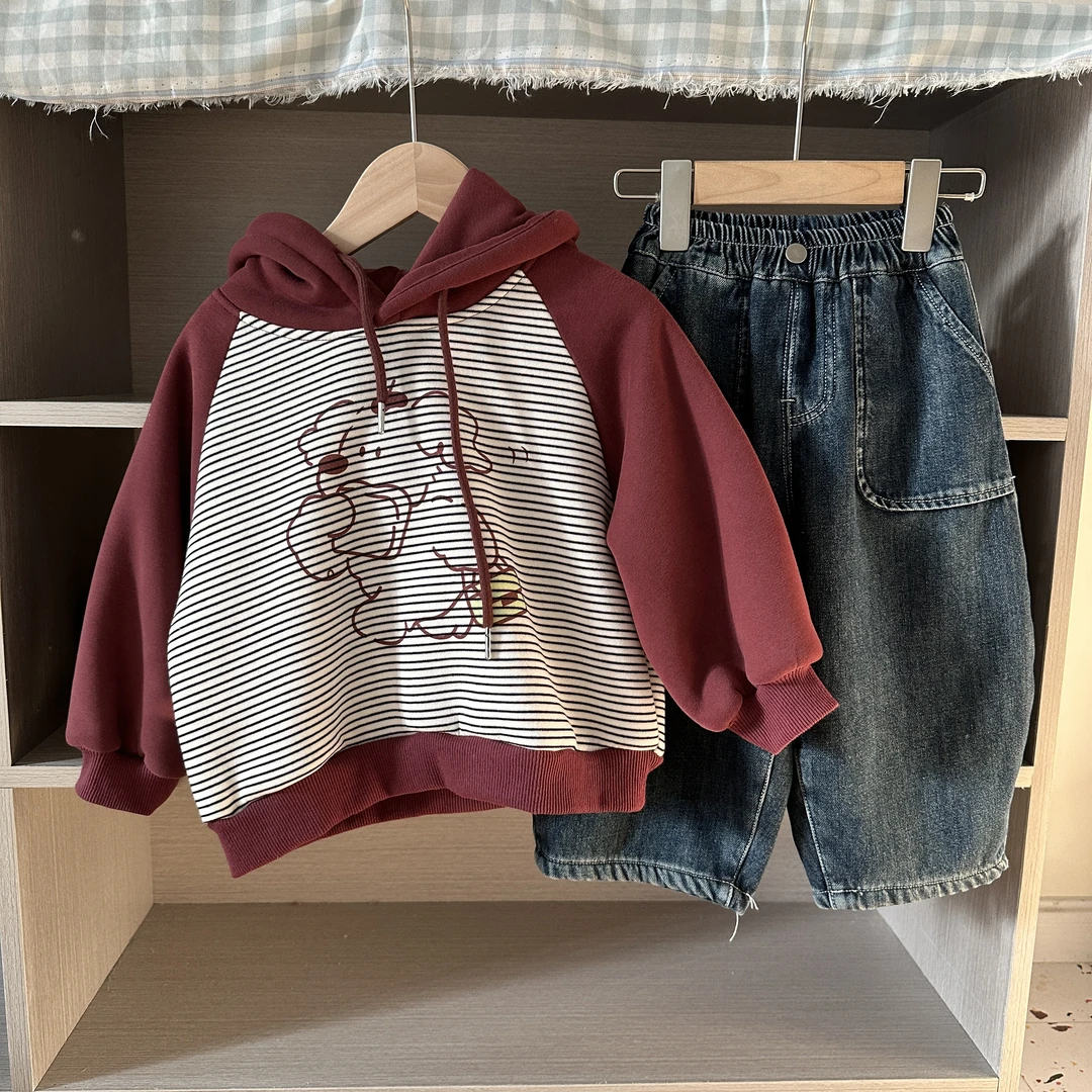 儿童加绒加厚连帽卫衣秋冬新款男童条纹卡通帽衫保暖-Q913