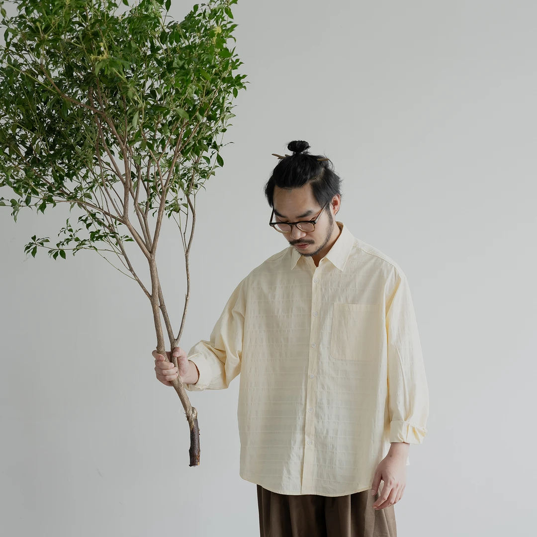 雾撞山野秋季日系复古长袖衬衫男女休闲宽松廓形肌理条纹衬衣纯棉