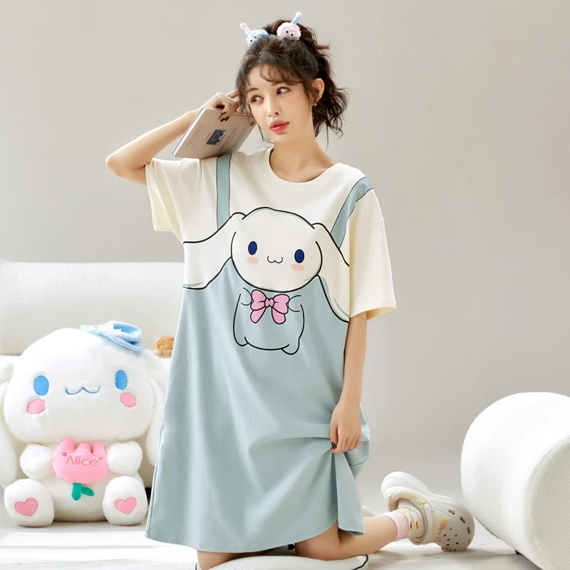夏季睡裙女款2025新款可爱卡通夏天甜美网红风薄款睡衣蓝色家居服