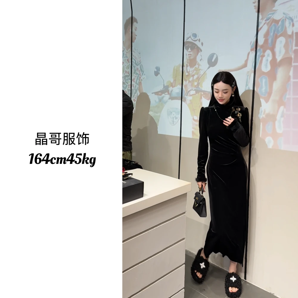 现货【金玉霓裳旗袍连衣裙】新中式丝绒水貂毛复古连衣裙旗袍