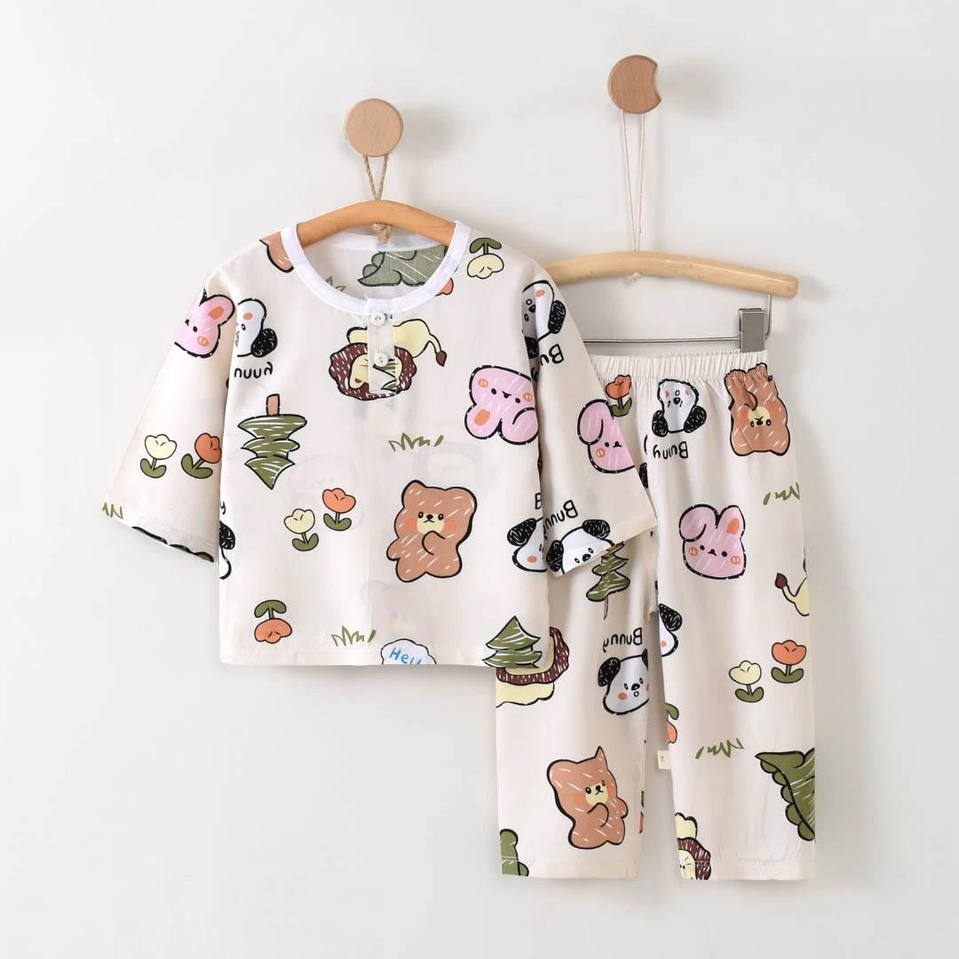 夏季儿童睡衣棉绸套装男女童大小童7分袖薄款宝宝亲子家居空调服