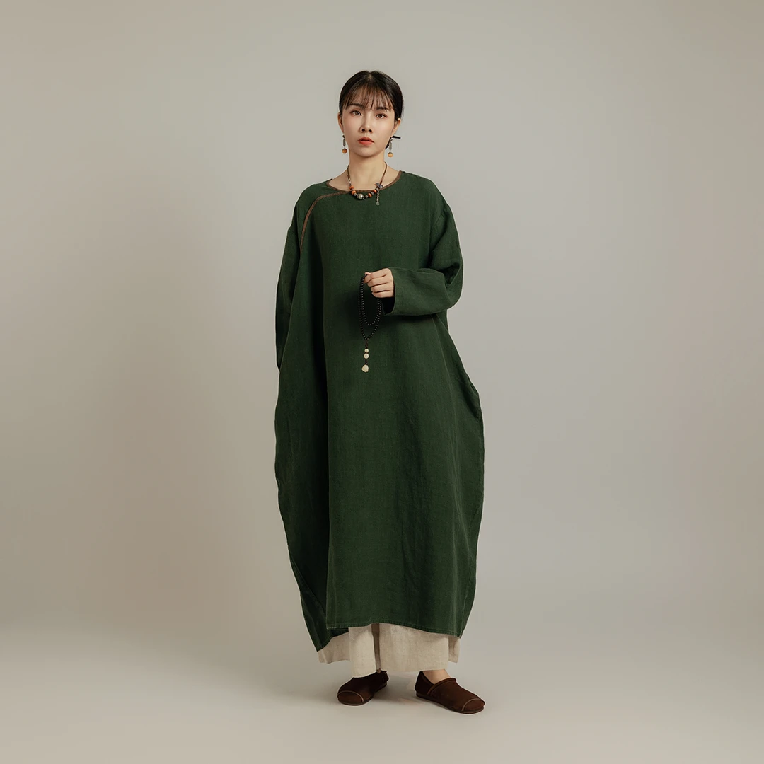 【以之】设计师品牌秋冬100%亚麻袍子复古新中式不规则大码连衣裙