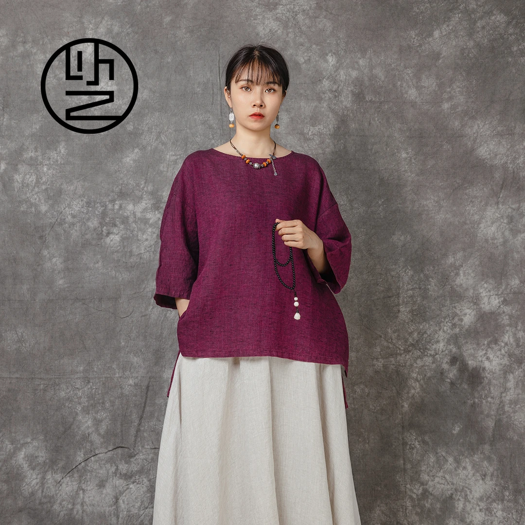 【以之】设计师品牌原创复古大码禅意色织亚麻圆领纯色夏季上衣女