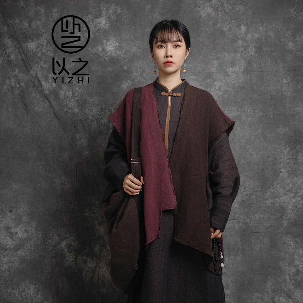 【以之】设计师品牌原创中式复古大码禅意亚麻马甲拼色无袖外套