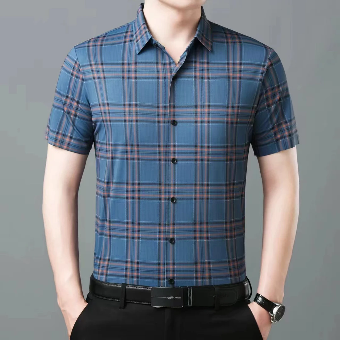 【冰氧吧】5837格子印花夏季短袖无痕免熨衬衣中年薄弹力男商务衬衫