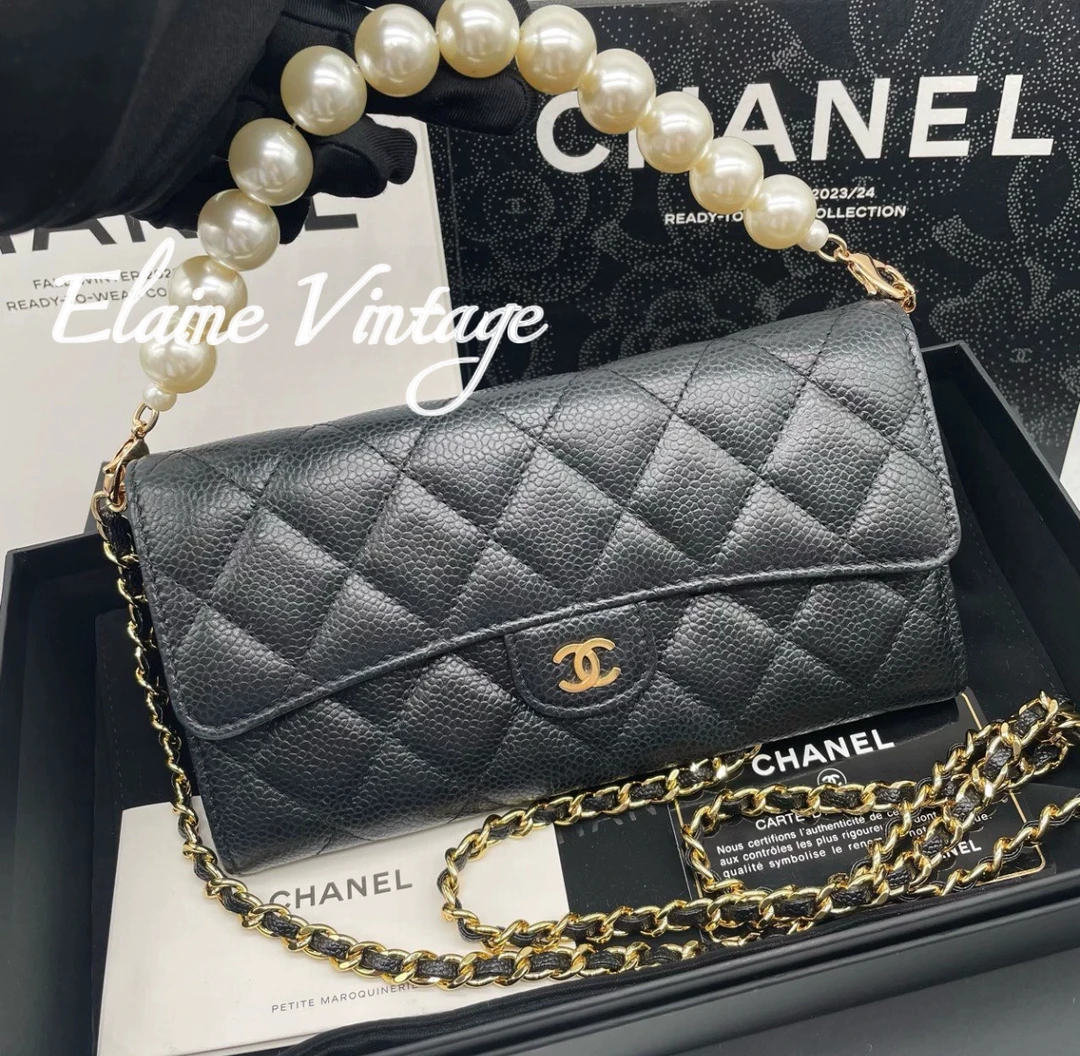 95新 Chanel/香奈儿 黑金cf最大号两折钱夹（可放手机）荔枝