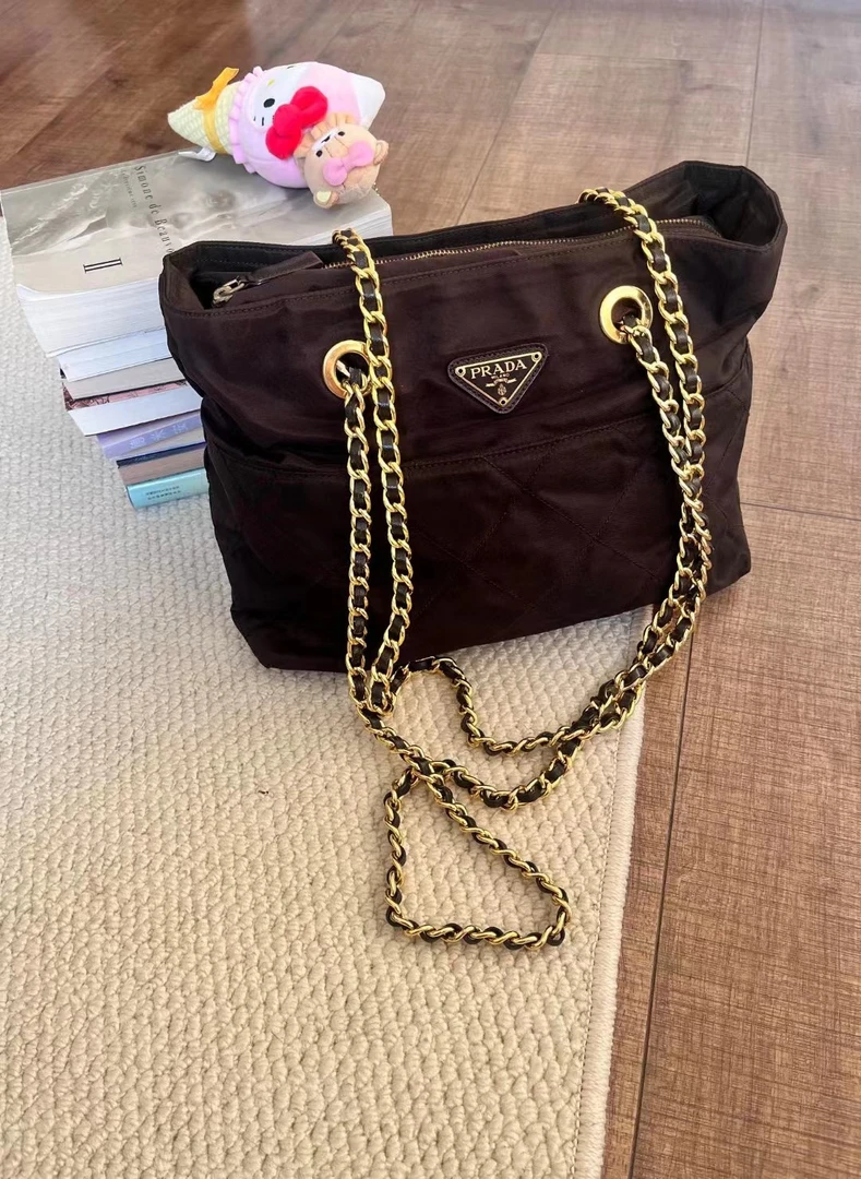95新 Prada/普拉达 prada棕金半菱格降落伞链条包30cm