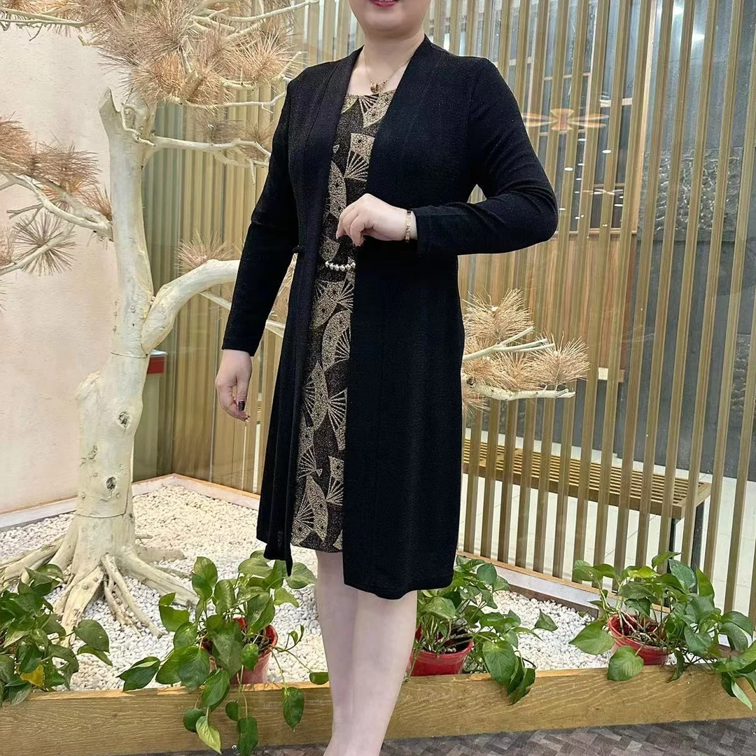 8609妈妈装春秋装连衣裙扇子花假两件遮肚显瘦洋气质中老年连衣裙