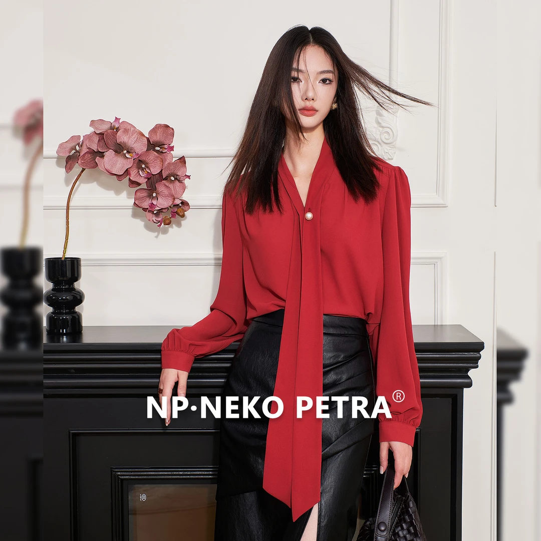 NP·Neko Petra法式珍珠扣飘带领红色衬衫女气质通勤垂感上衣结婚