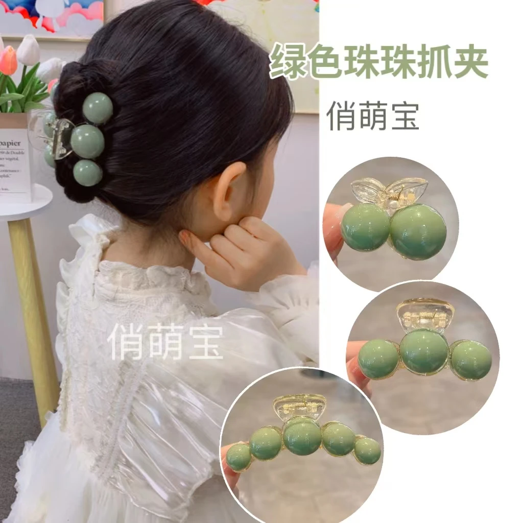 【俏萌宝】法式珠珠大号小号抓夹高级感绿色后脑勺鲨鱼夹