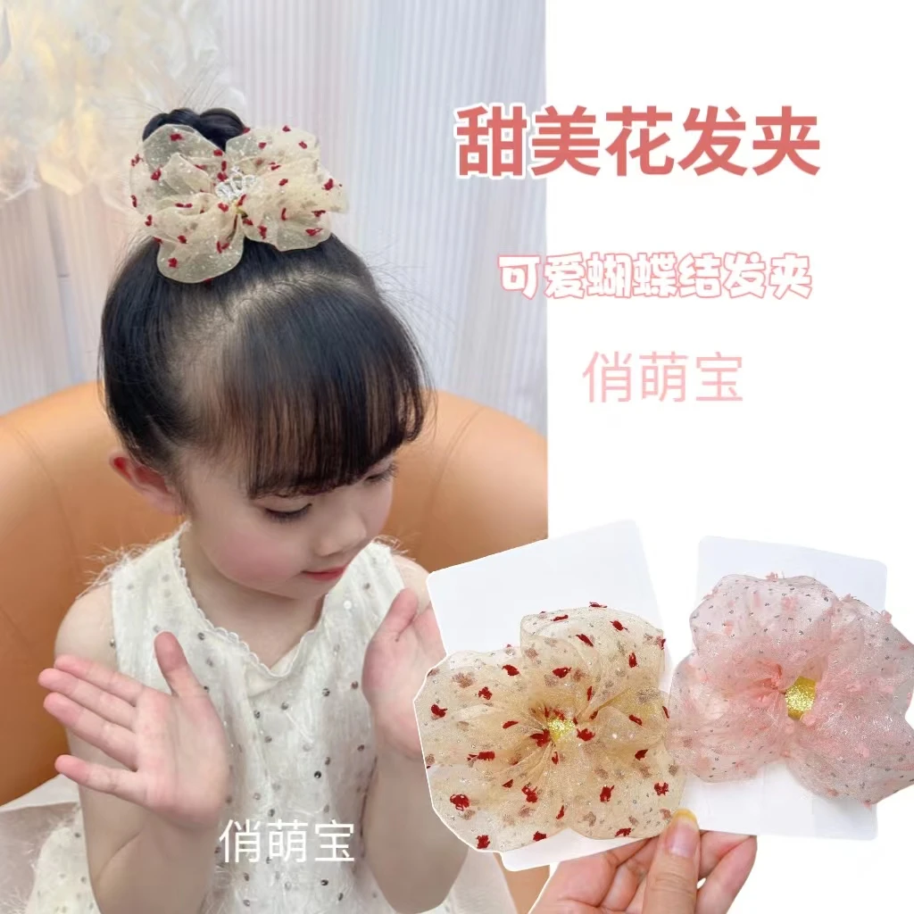 波点蝴蝶结发夹蕾丝纱鸭嘴夹女童顶夹公主发卡
