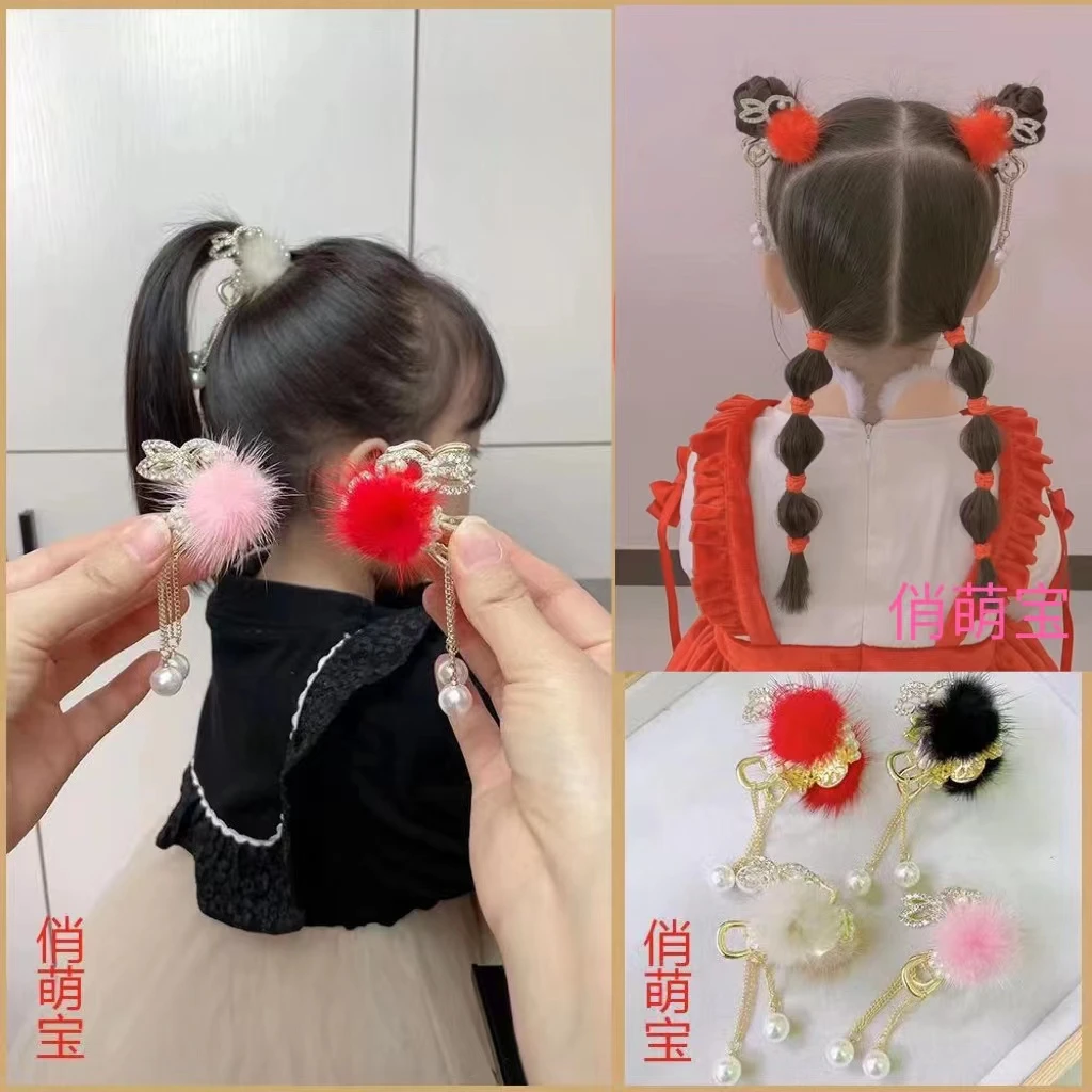 兔子毛球高马尾抓夹流苏带发夹