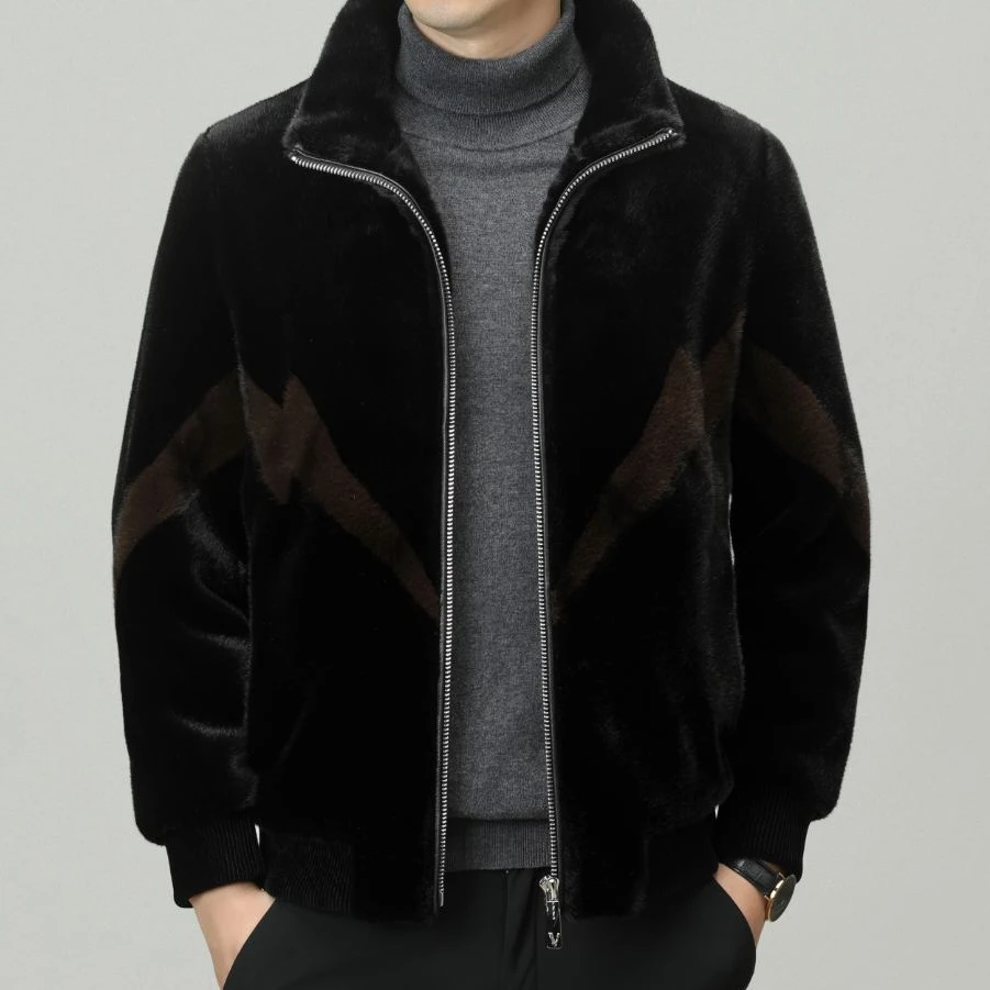 仿貂绒夹克男过冬加厚保暖中青年高端海宁雪兰貂立领拉链大衣外套