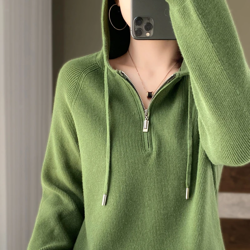 加厚连帽领针织衫打底针织衫女春秋外搭正肩长袖毛衣上衣gh-328