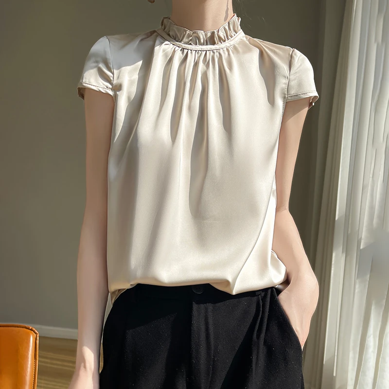 女高领短袖T恤缎面柔软雪纺夏打底内搭上衣白色外搭西服rw-F34