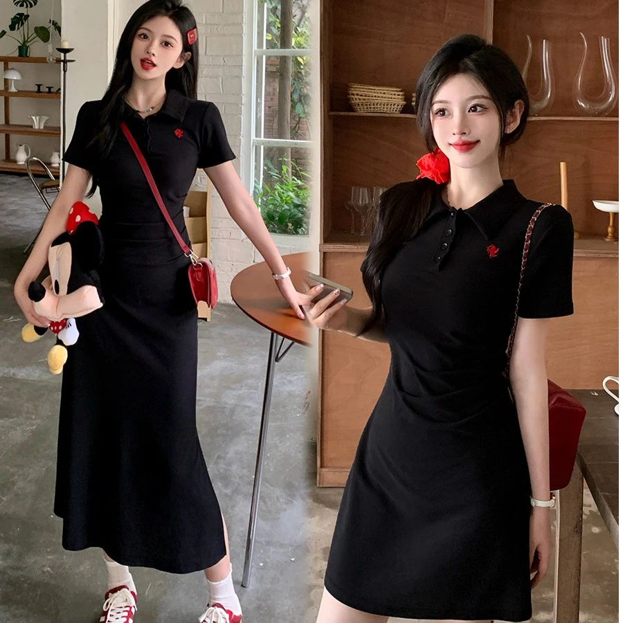 2024女装伦敦早课学院风小黑裙天使刺绣polo裙长短款连衣裙