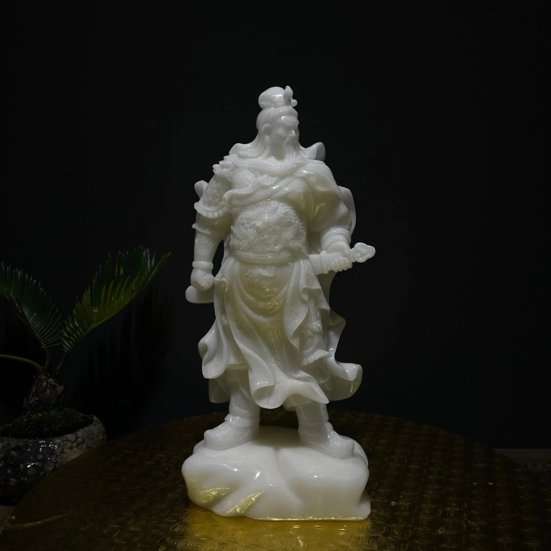 石雕关公武财神汉白玉神像手工雕刻新中式禅意居家工艺品摆件艺术