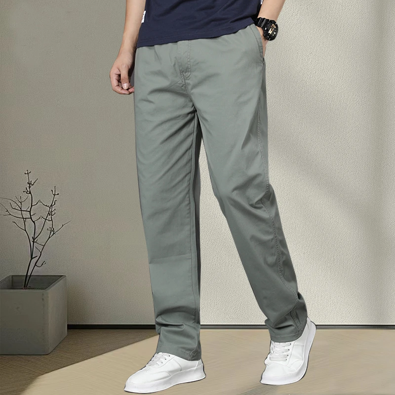 春秋季纯棉男休闲裤宽松裤子松紧腰围中老年大码百搭弹力直筒长裤