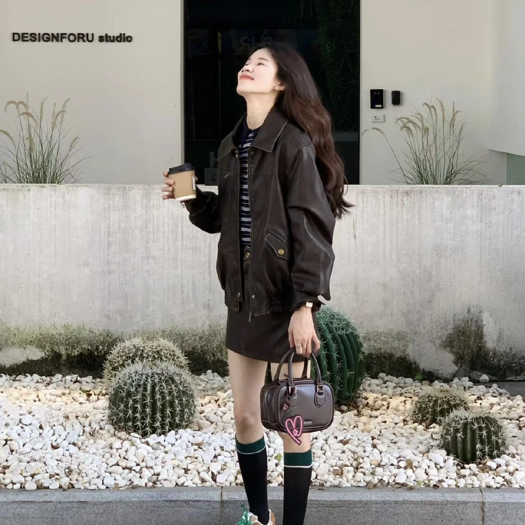 美式复古夹克套装女秋季美拉德高级感甜酷减龄皮衣外套短裙两件套