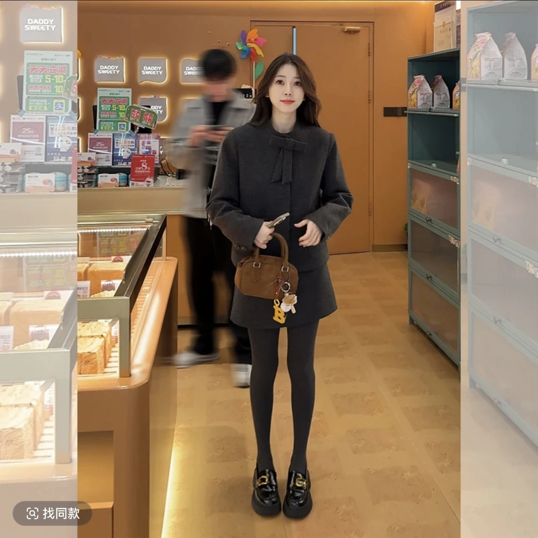 壹壹伦敦冬夜冬季新款高级感气质显瘦蝴蝶结棉服外套半身裙两件套